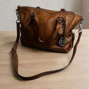 Michael Kors Bedford Brown Pebbled Leather Satchel Buckle Detail Quiet Luxury